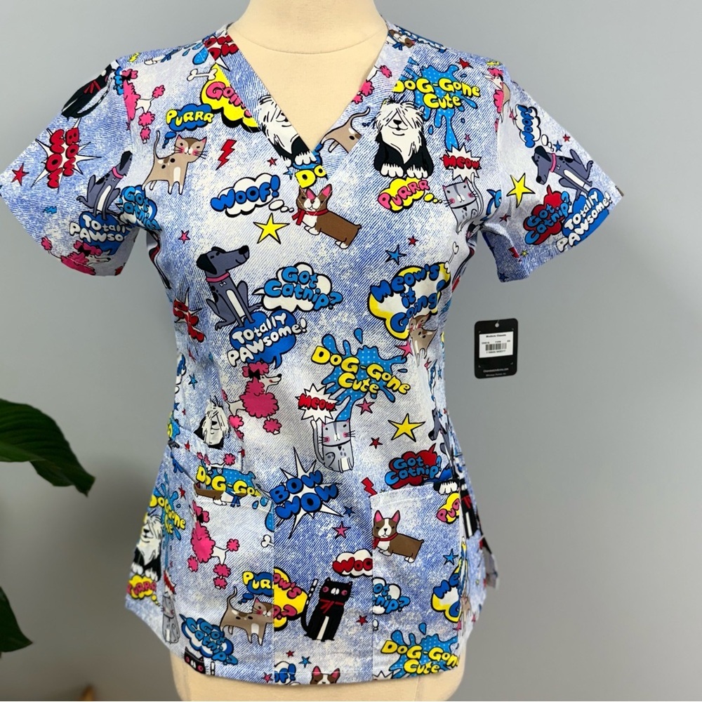 NWT Doggone Cute Scrub Top XS  Dogs Cats Blue Cotton Scrubs Animals Puppy Kitty